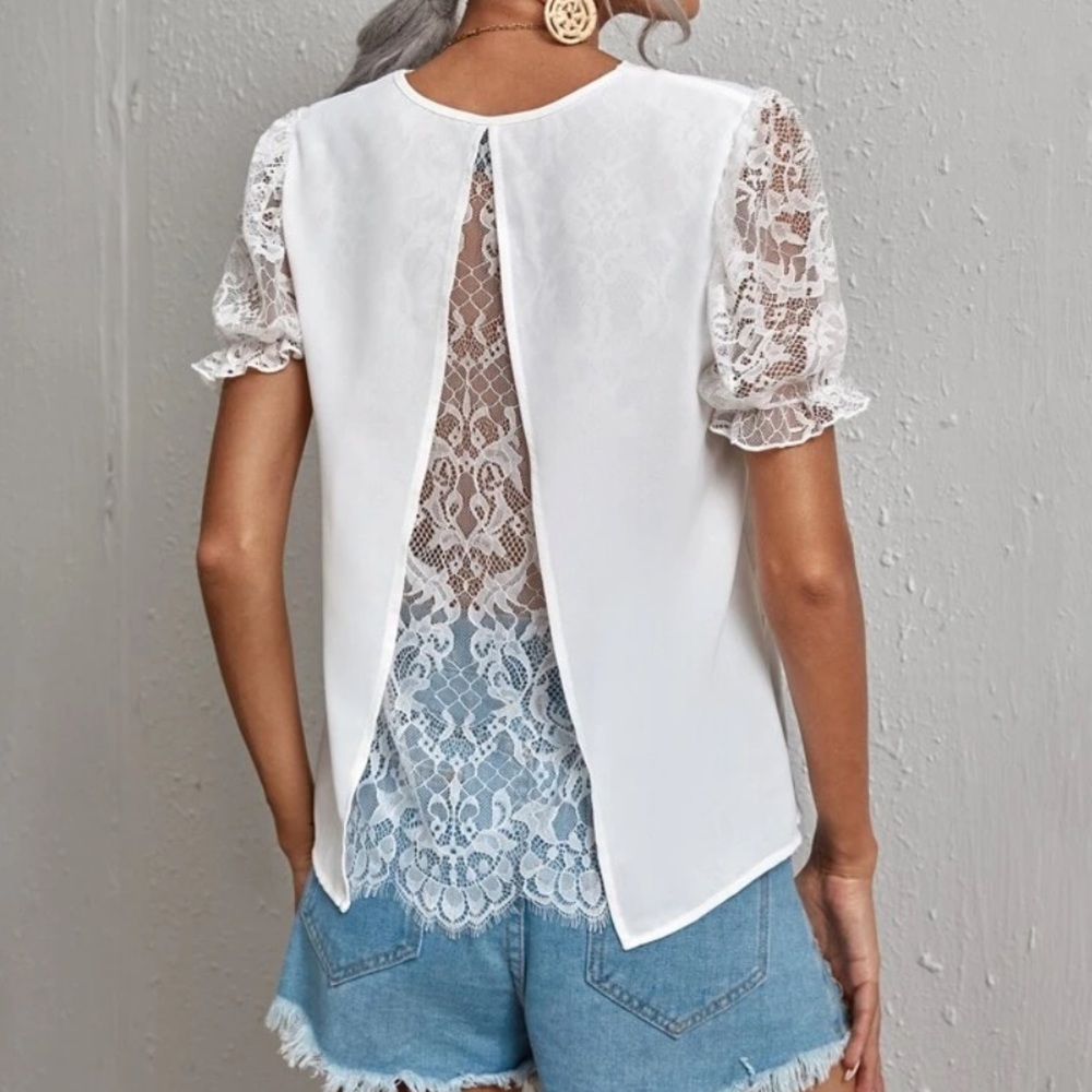 Lace sleeve V-neck blouse